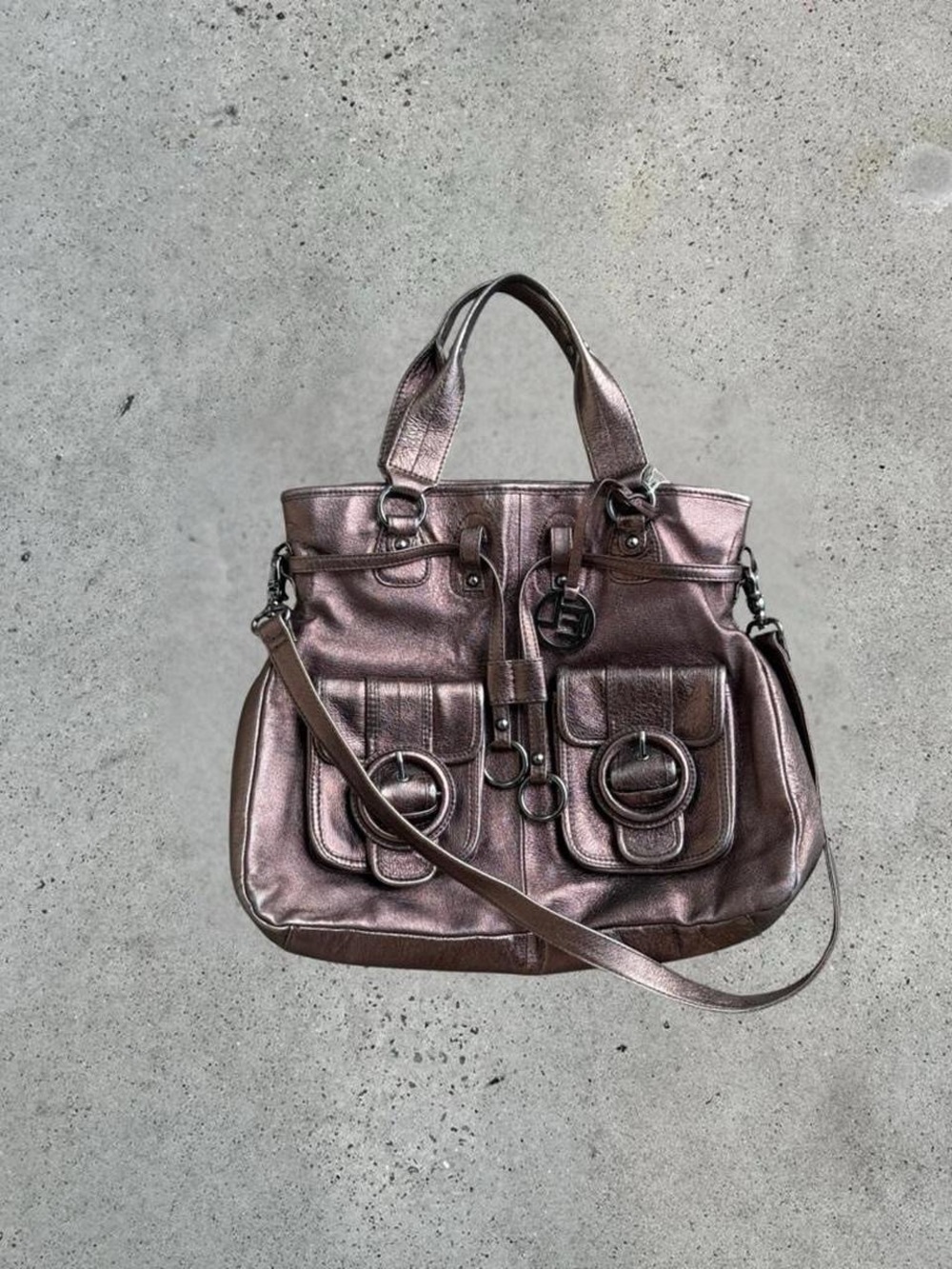 Metallic Leather Shoulder Bag with Front Pockets